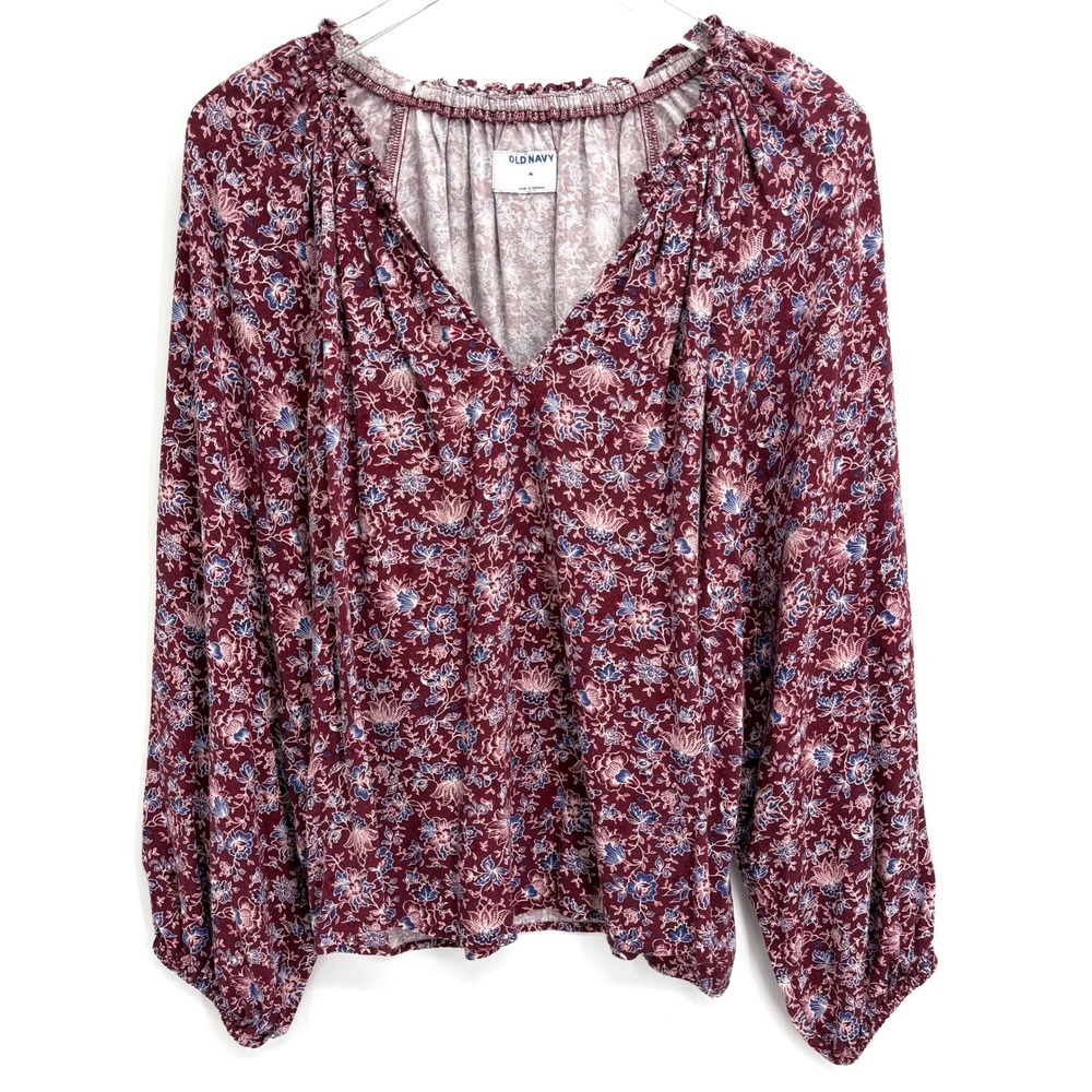 Old Navy Burgundy Floral Peasant Blouse Size XL Balloon Sleeve Cottage Boho